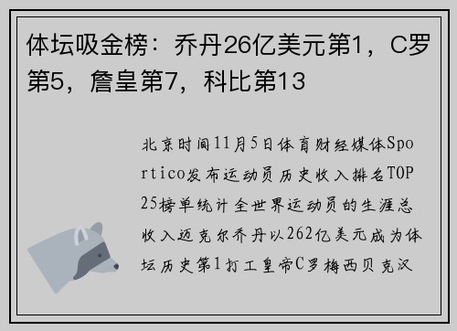 体坛吸金榜：乔丹26亿美元第1，C罗第5，詹皇第7，科比第13